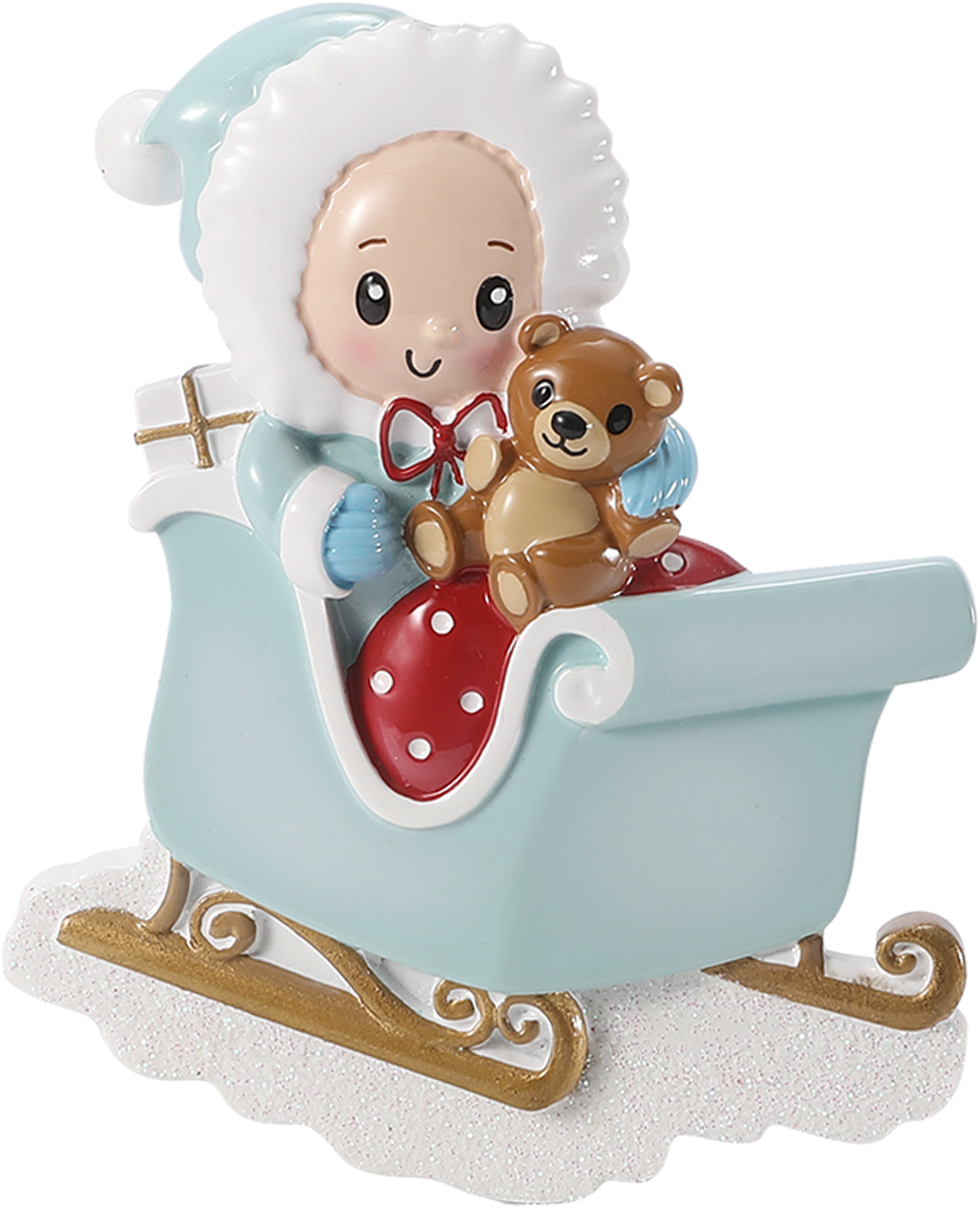 Baby with Stuffed Bear in Sleigh Personalized Ornament: Blue