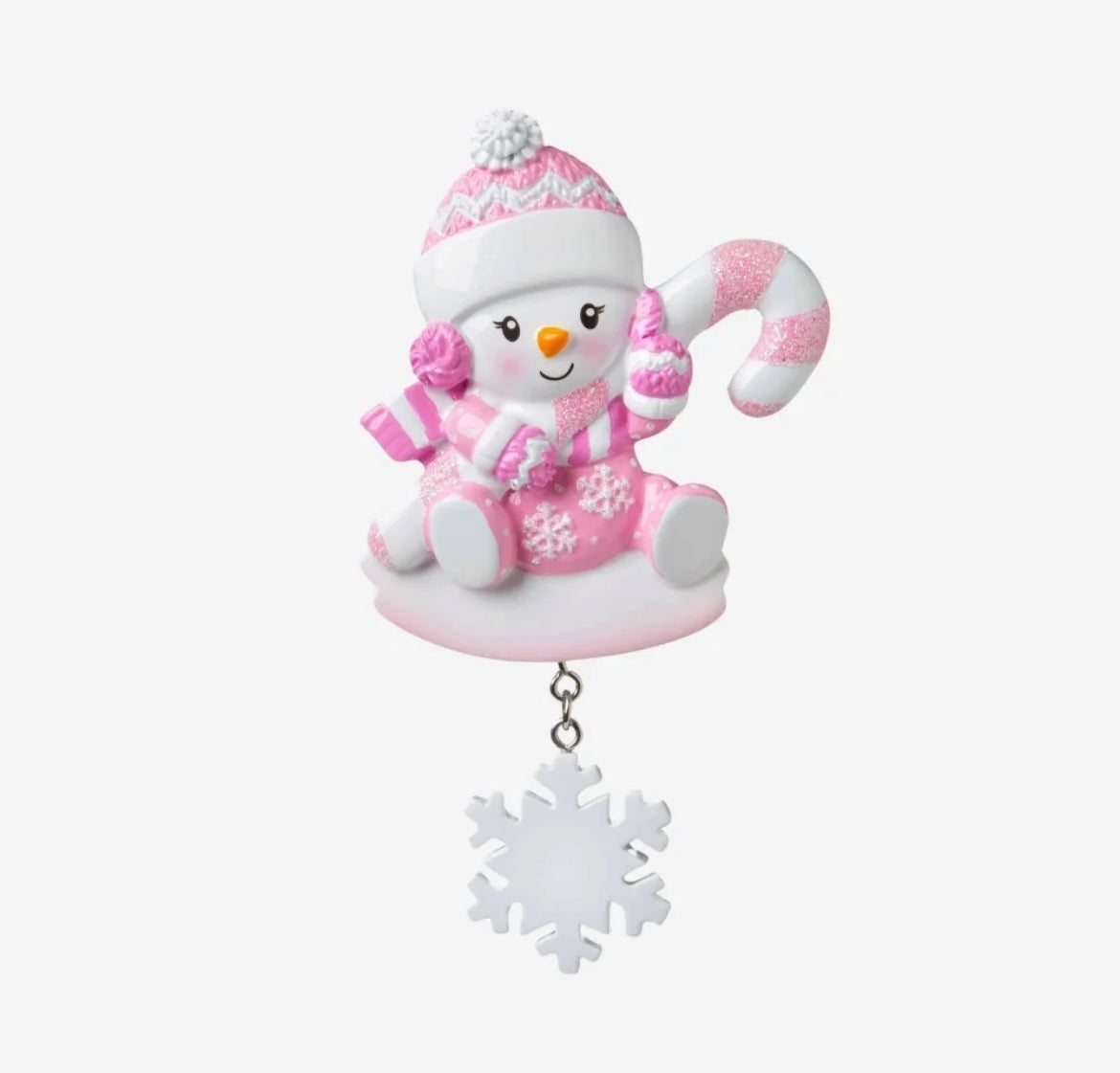 Snowbaby with Candy Cane Personalized Ornament: Pink