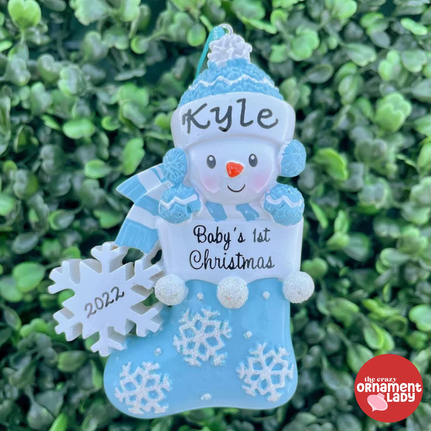 Baby Snowman in Blue Stocking Ornament