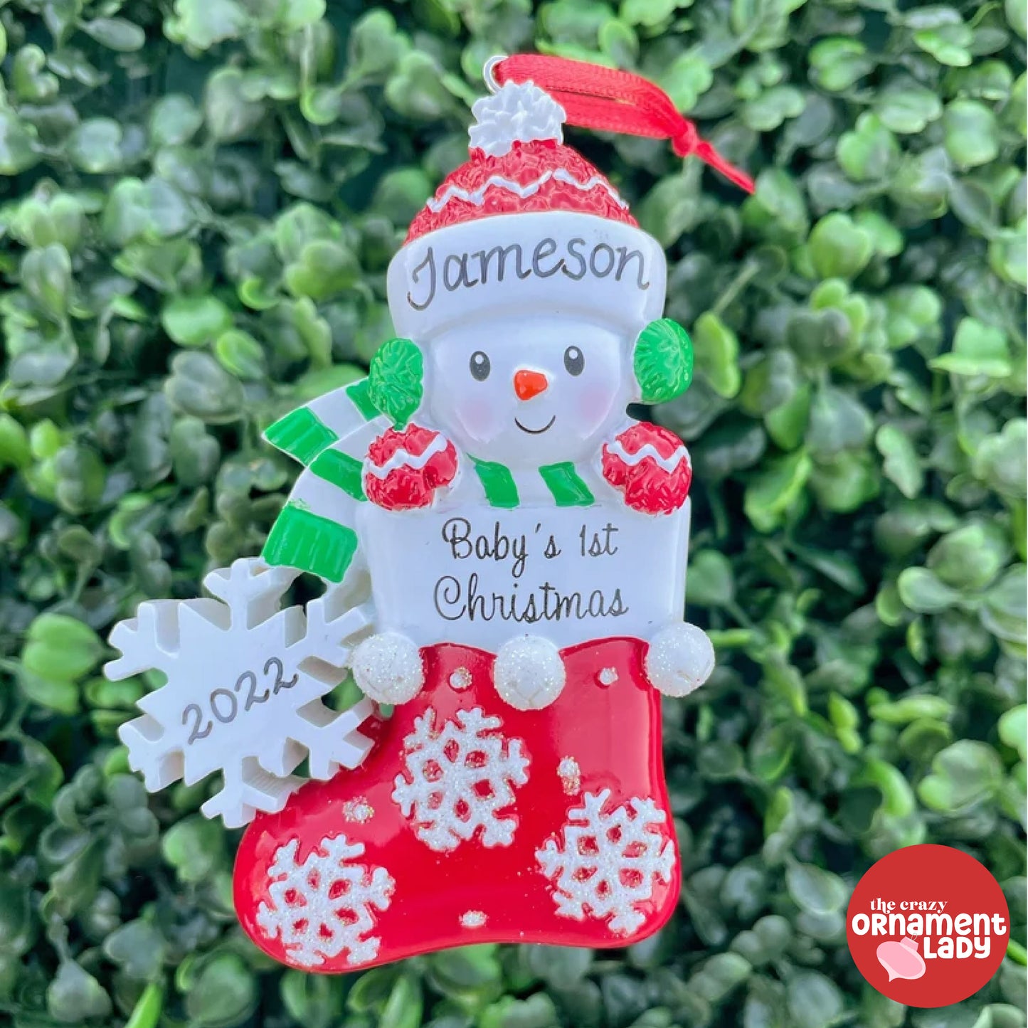 Baby Snowman in Red Stocking Ornament