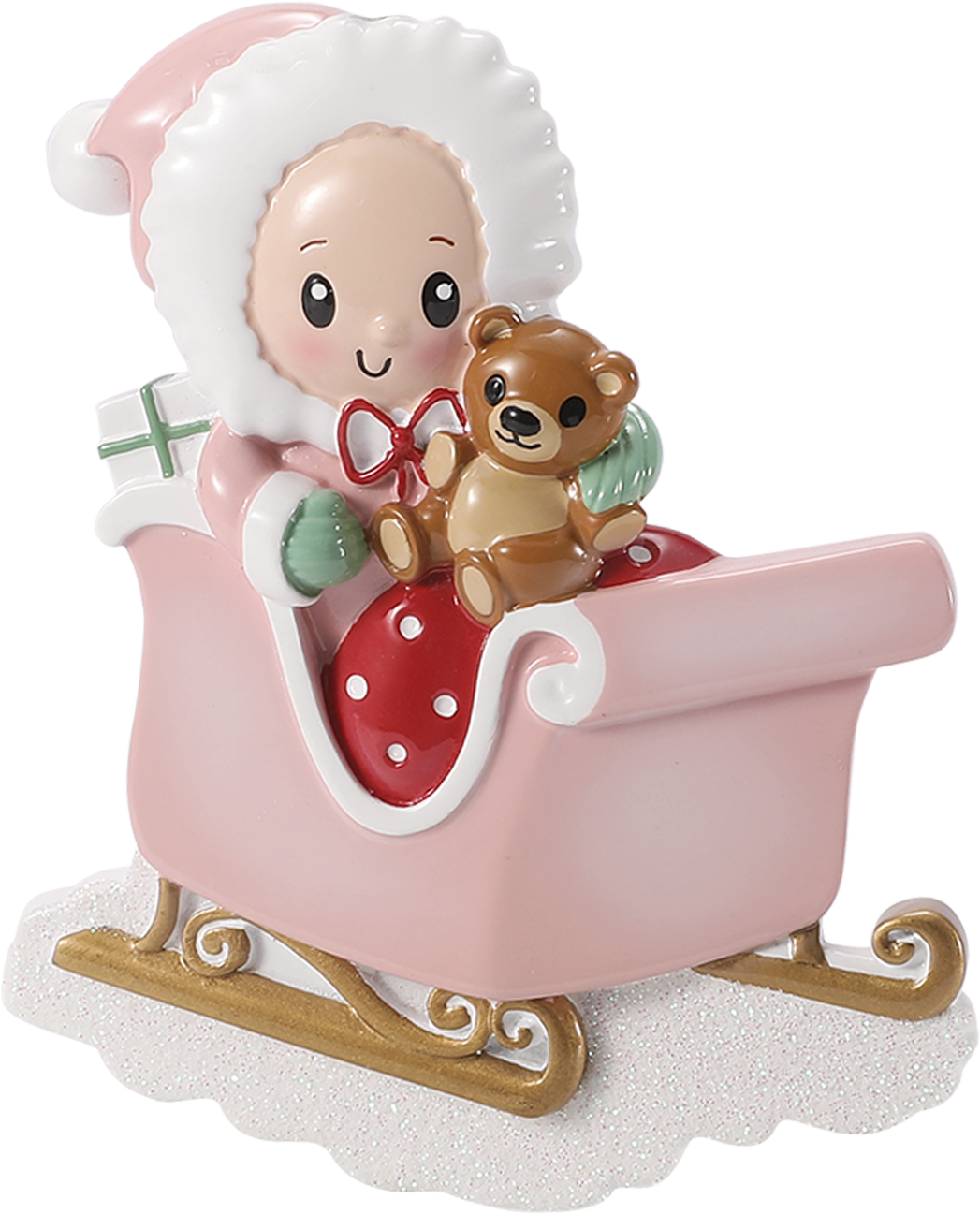 Baby with Stuffed Bear in Sleigh Personalized Ornament: Pink