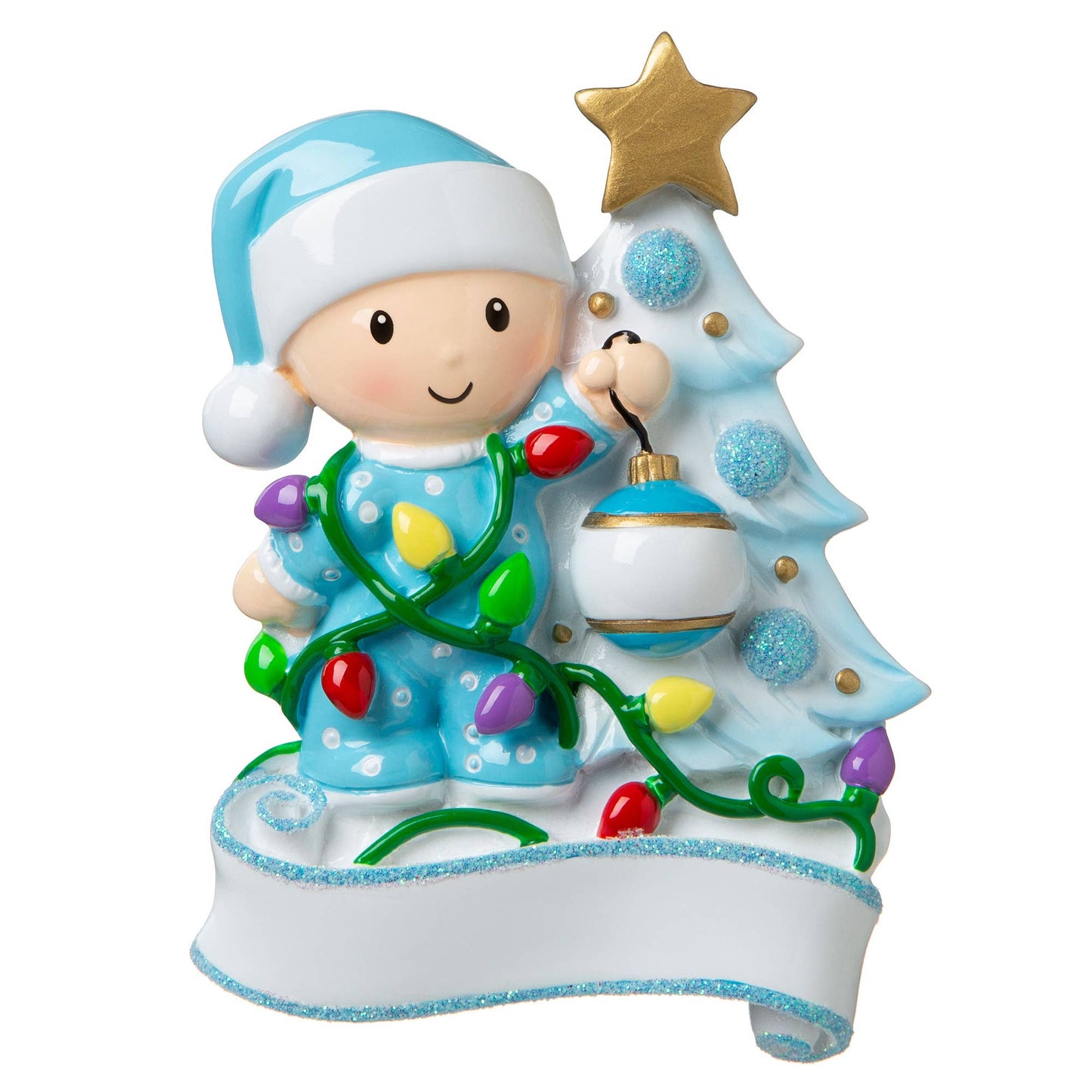 Baby Decorating the Tree Blue Ornament