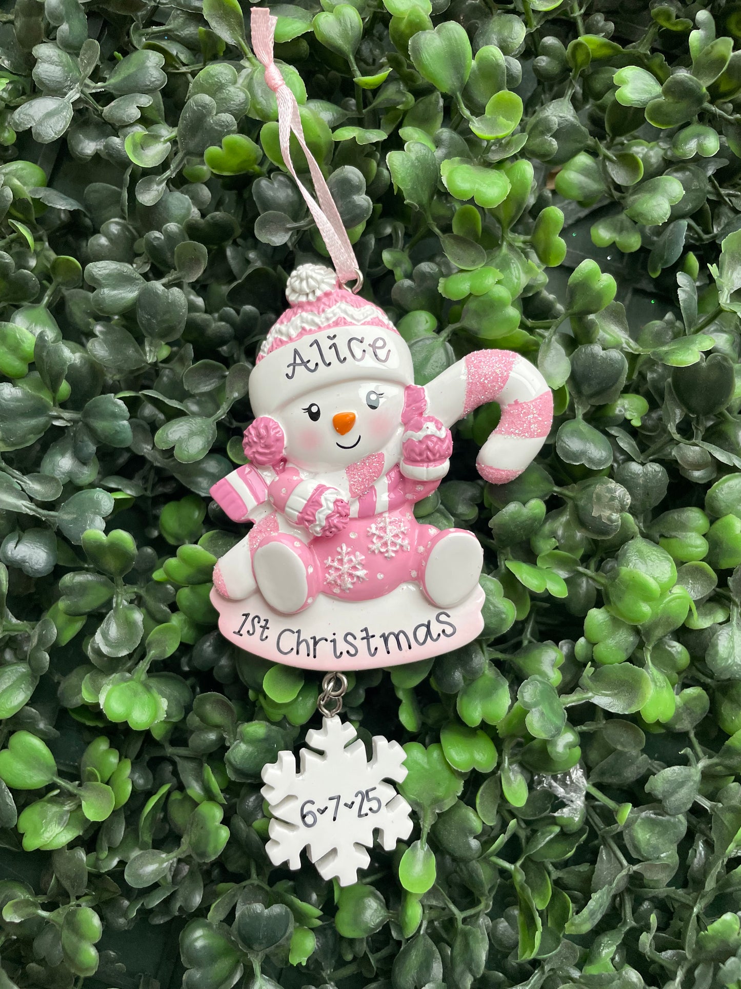Snowbaby with Candy Cane Personalized Ornament: Pink