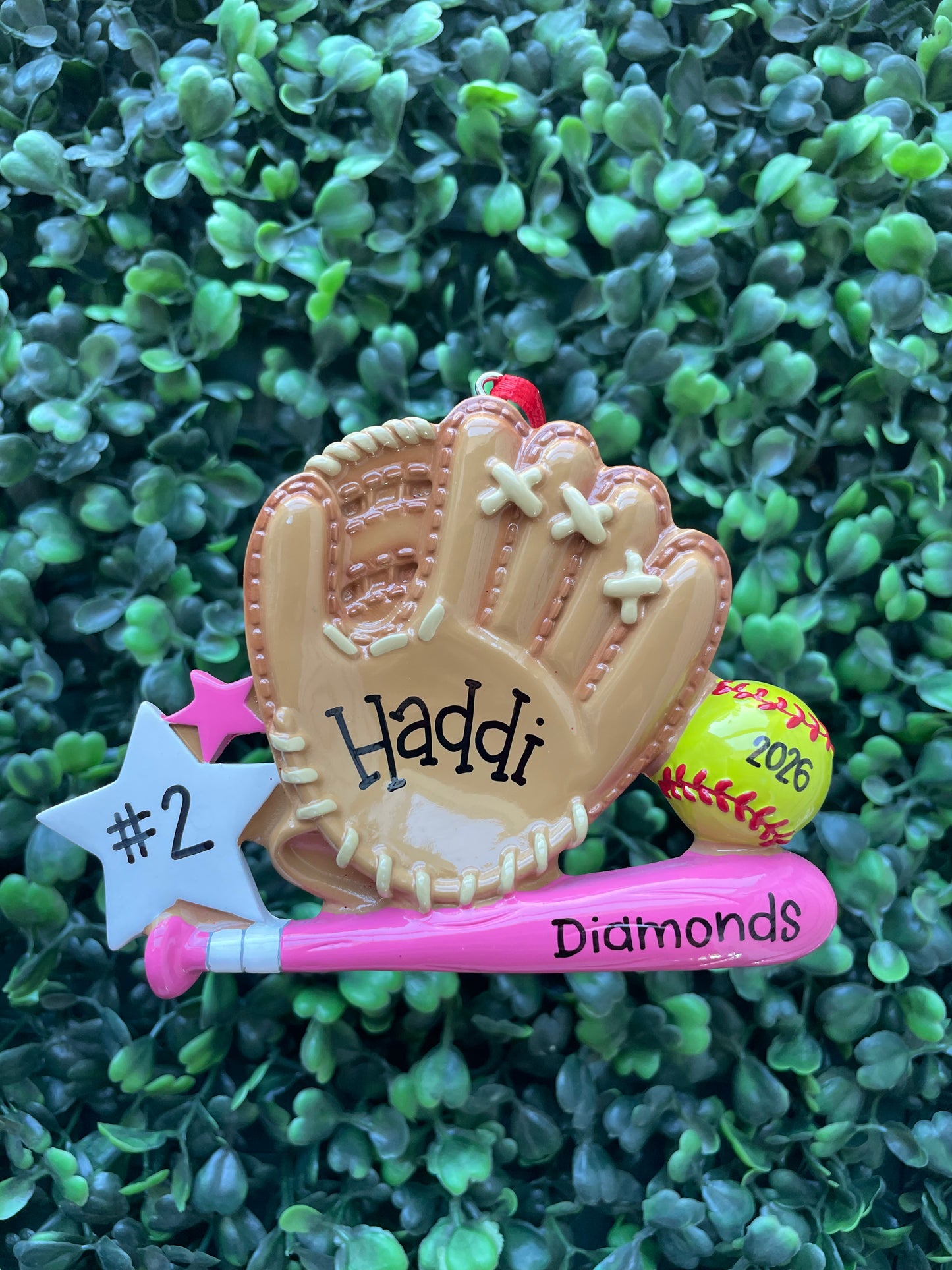 Softball Glove and Pink Bat Ornament
