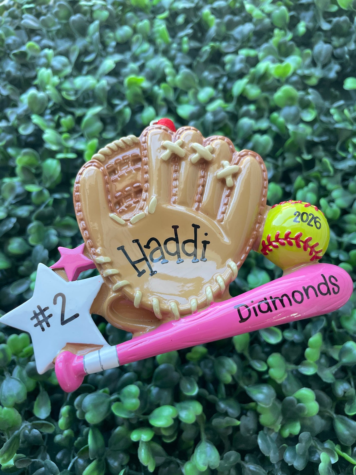 Softball Glove and Pink Bat Ornament