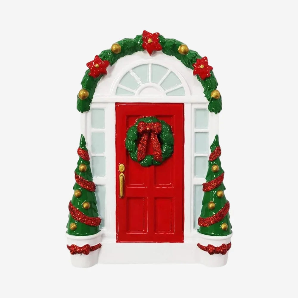 Red Door with Wreath Ornament