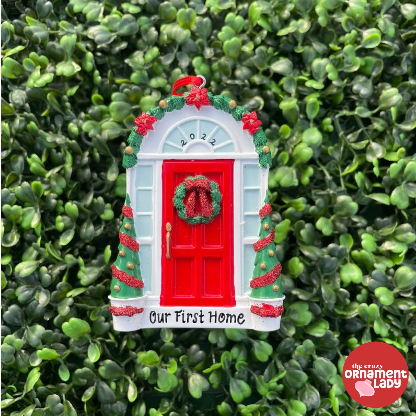 Red Door with Wreath Ornament