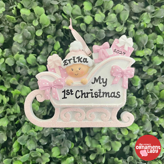 Baby in a Pink Sleigh Ornament