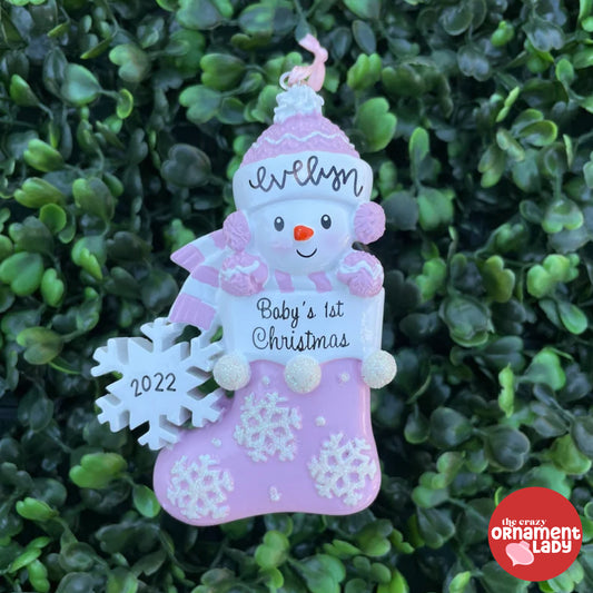 Baby Snowman in Pink Stocking Ornament