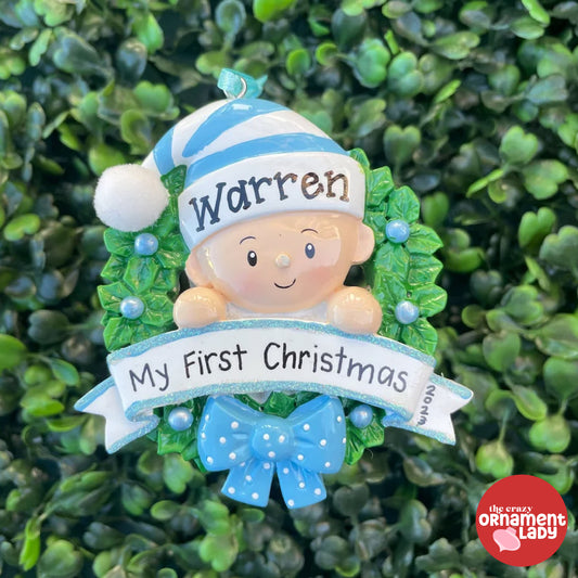 Baby in Wreath Blue Ornament