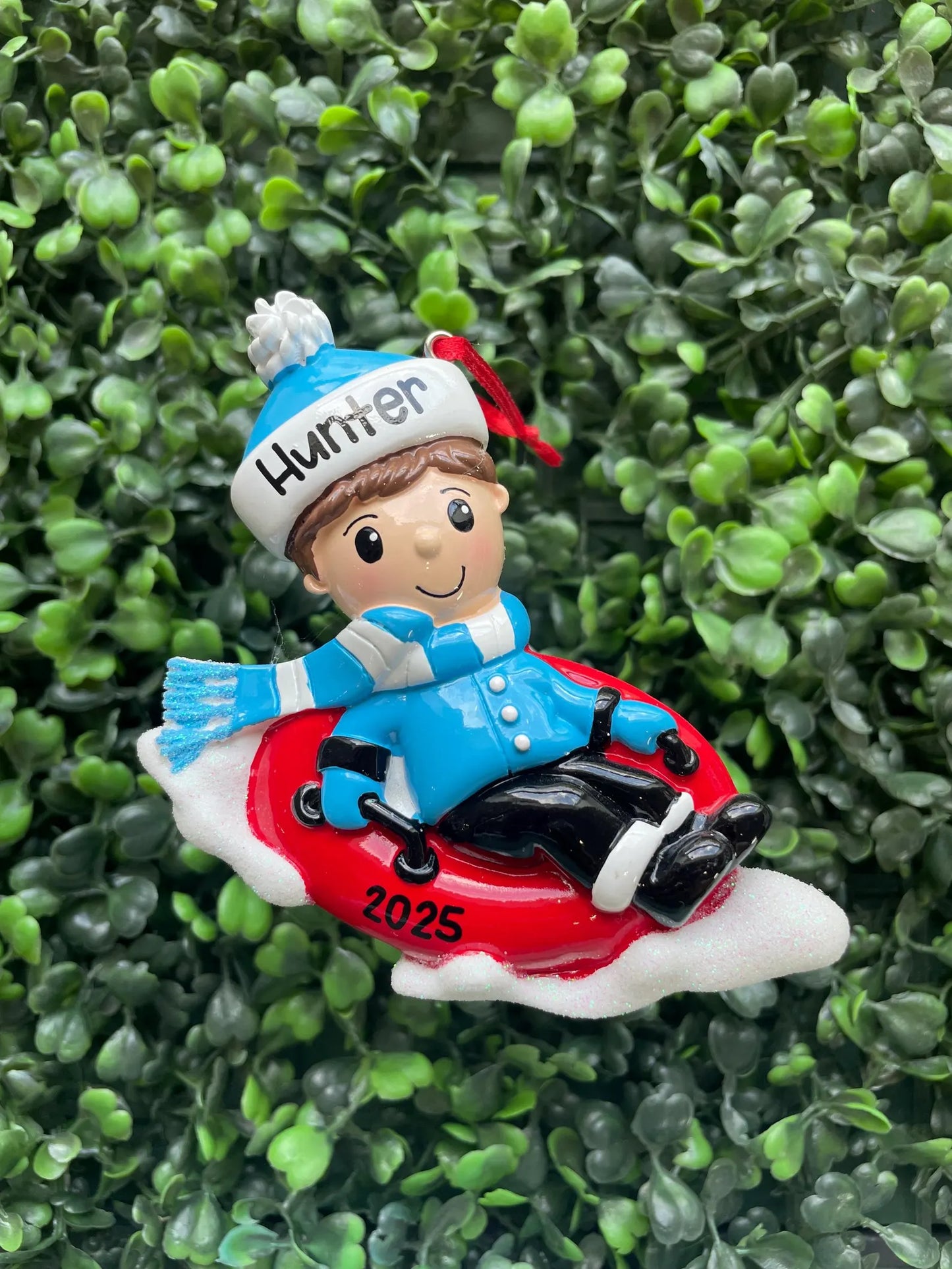 Child on Snow Tube Personalized Ornament: Boy