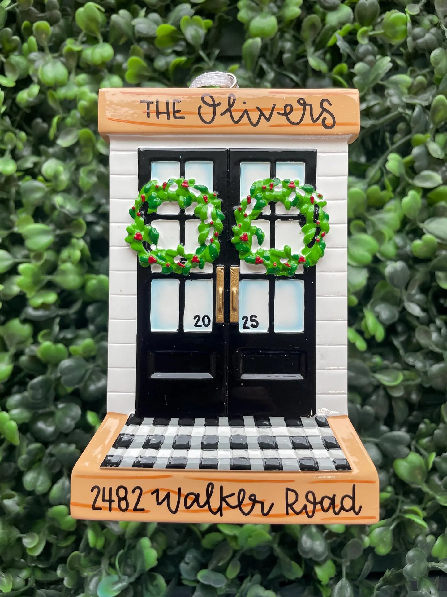 Modern Black Door with Wood Overhang Personalized Ornament