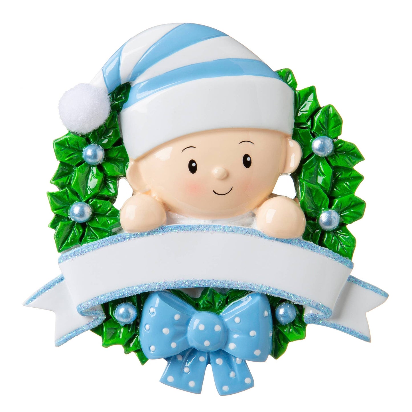 Baby in Wreath Blue Ornament