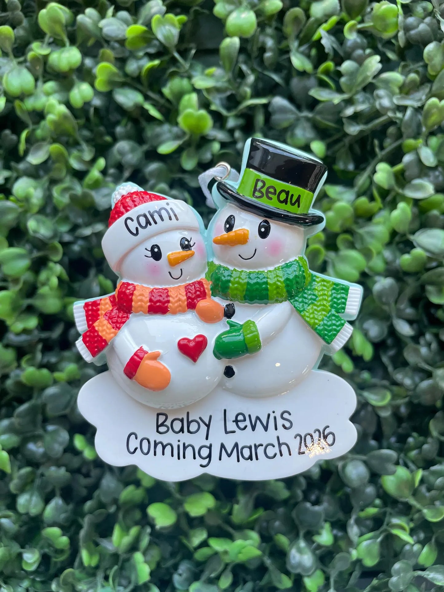 Expecting Snowman Couple with Heart Personalized Ornament