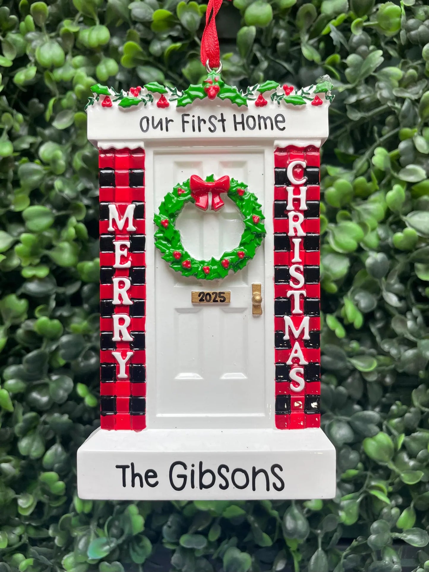 Plaid Merry Christmas White Door Personalized Ornament
