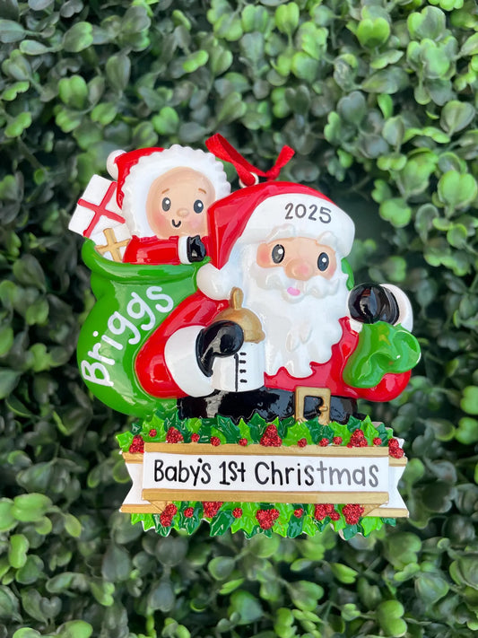 Santa with Baby in Bag Personalized Ornament