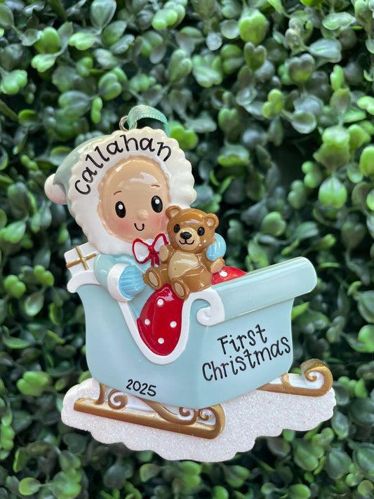 Baby with Stuffed Bear in Sleigh Personalized Ornament: Blue