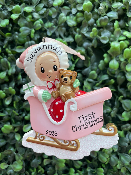 Baby with Stuffed Bear in Sleigh Personalized Ornament: Pink