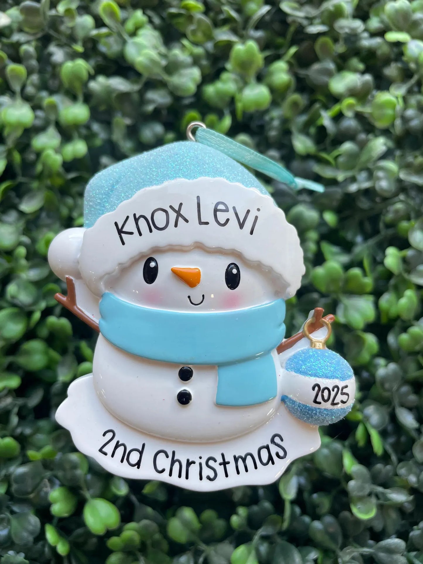 Baby Snowman with Ornament Personalized Ornament: Blue