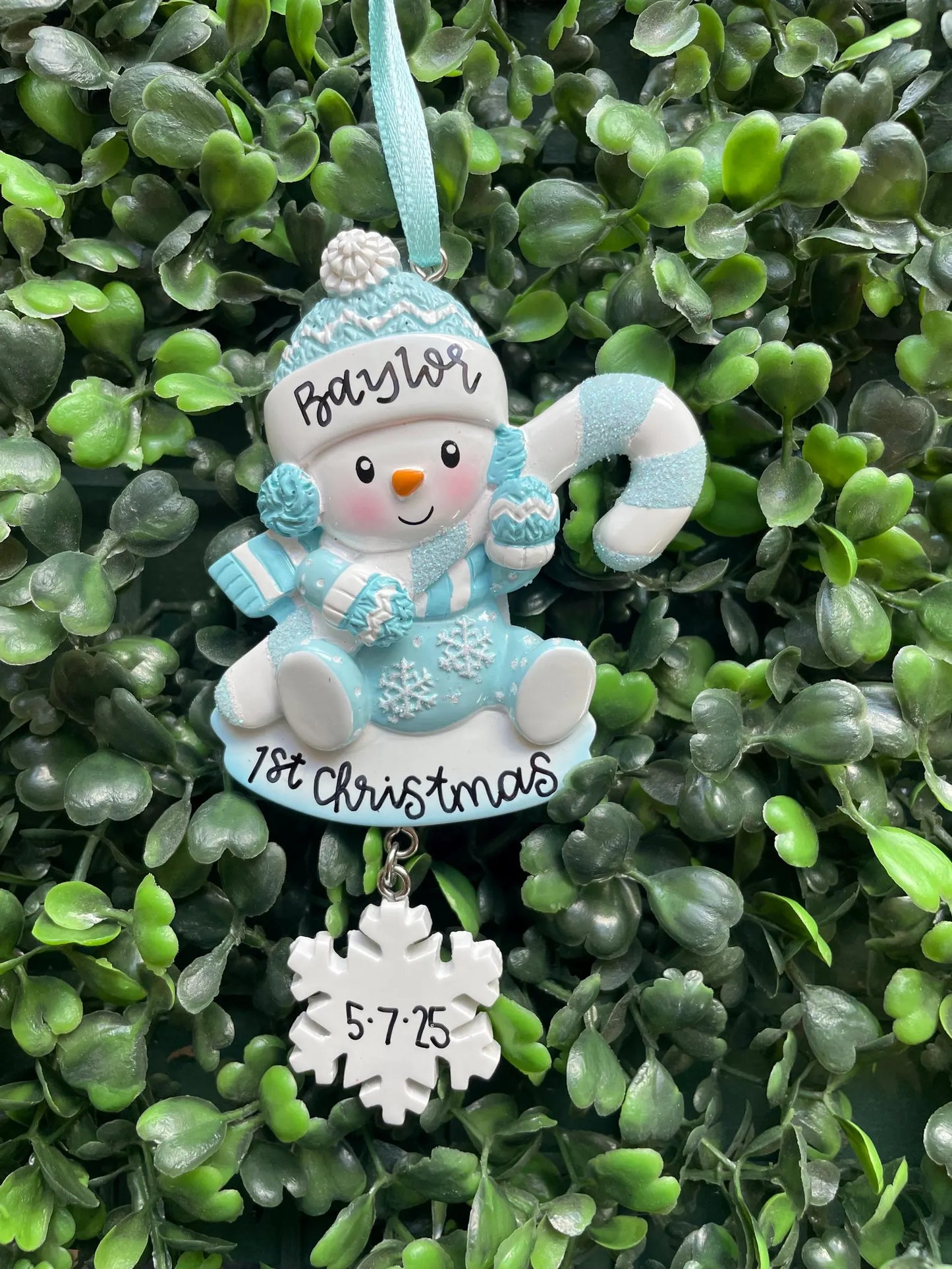 Snowbaby with Candy Cane Personalized Ornament: Blue