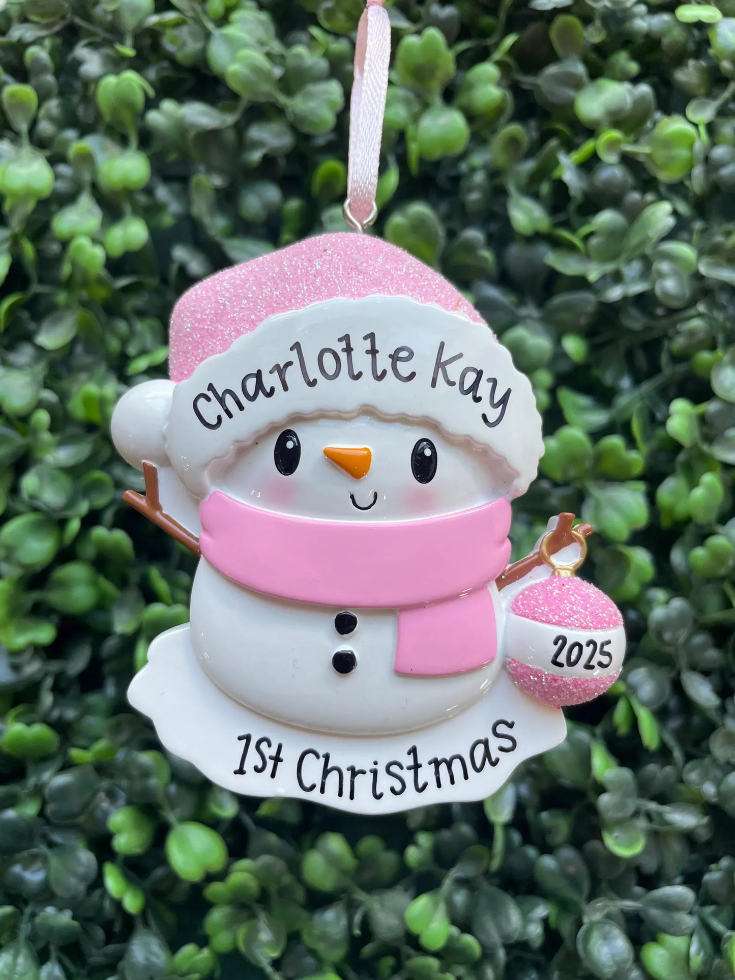 Baby Snowman with Ornament Personalized Ornament: Pink
