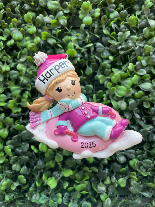 Child on Snow Tube Personalized Ornament: Girl